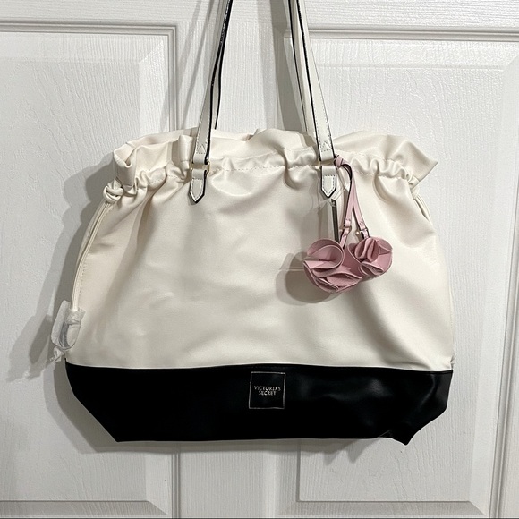 NEW! Victoria Secret Side Cinch Tote Cream Black Pink - Picture 3 of 7